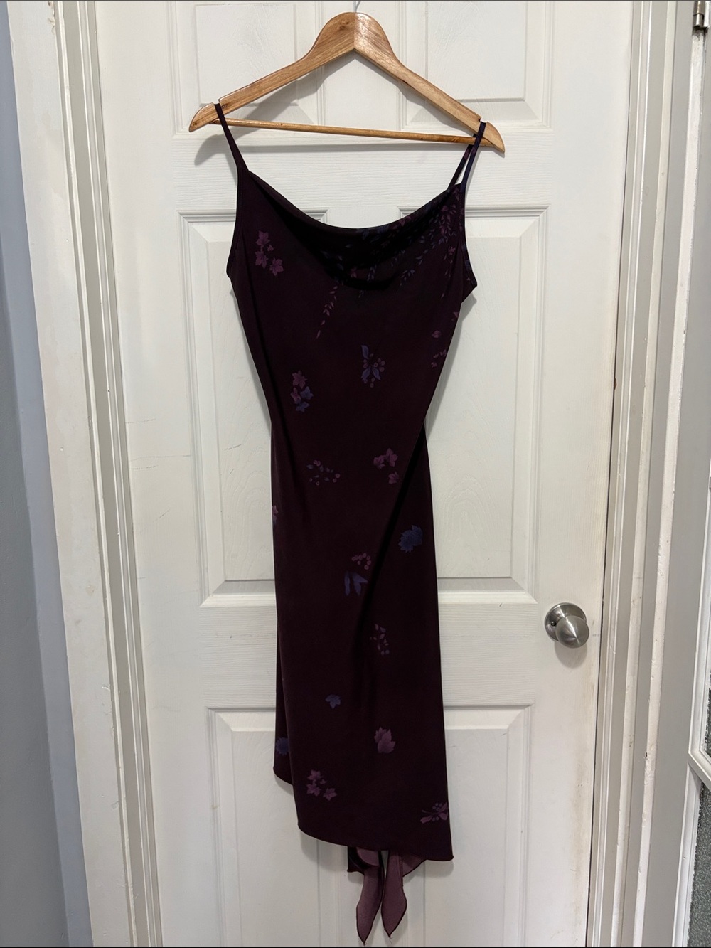 Vintage Y2K Whimsigoth Alyn Paige Plum Floral Slip Dress with Asymmetrical Hem